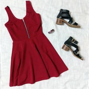 Red Fit and Flare Skater Dress with Exposed Zipper